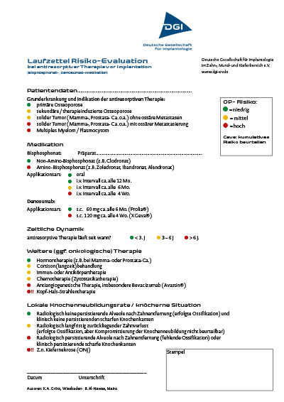 DGI Laufzettel bei antiresorptiver Therapie vor Implantation